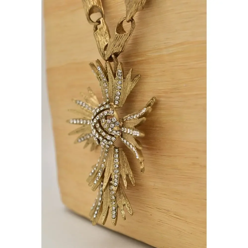 OPC Vintage Statement Cross Necklace Crystal Brushed Chunky Heavy Gold BinBD